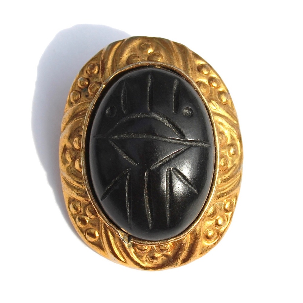 Vintage Black Onyx Scarab Beetle Brooch Gold Tone